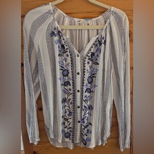 Jolt Embroidered Floral Long Sleeve  Women's Top - Blue and White Large
